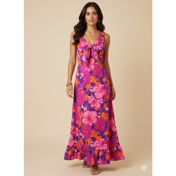 Vintage Pomare Tahiti Dress Women's Size 14 Hawaiian Pink Floral Maxi Sundress - Picture 1 of 9